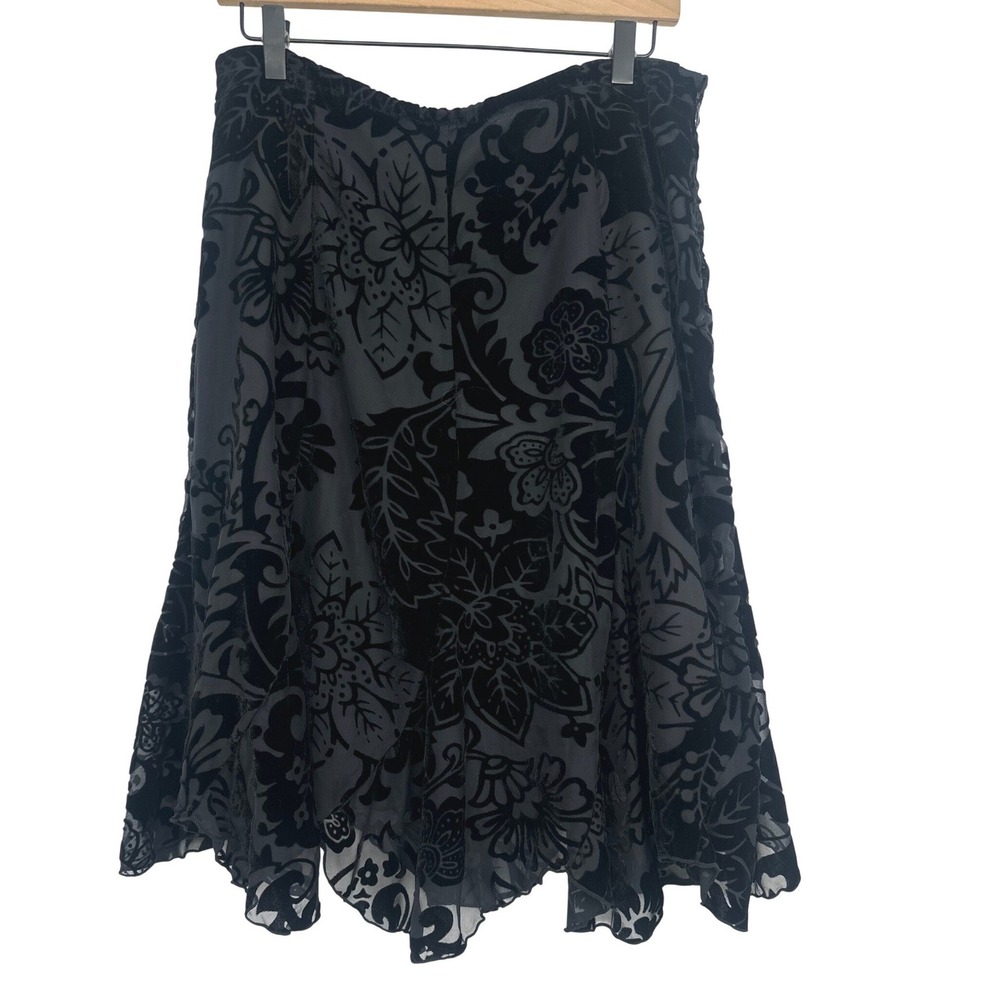 Vintage Skirt L Black Velvet Floral Burnout Midi Knee Asymmetrical Whimsigoth